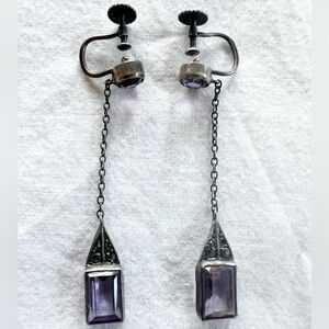 Vintage Art Deco Sterling Silver and Purple Amethyst Dangle Earrings